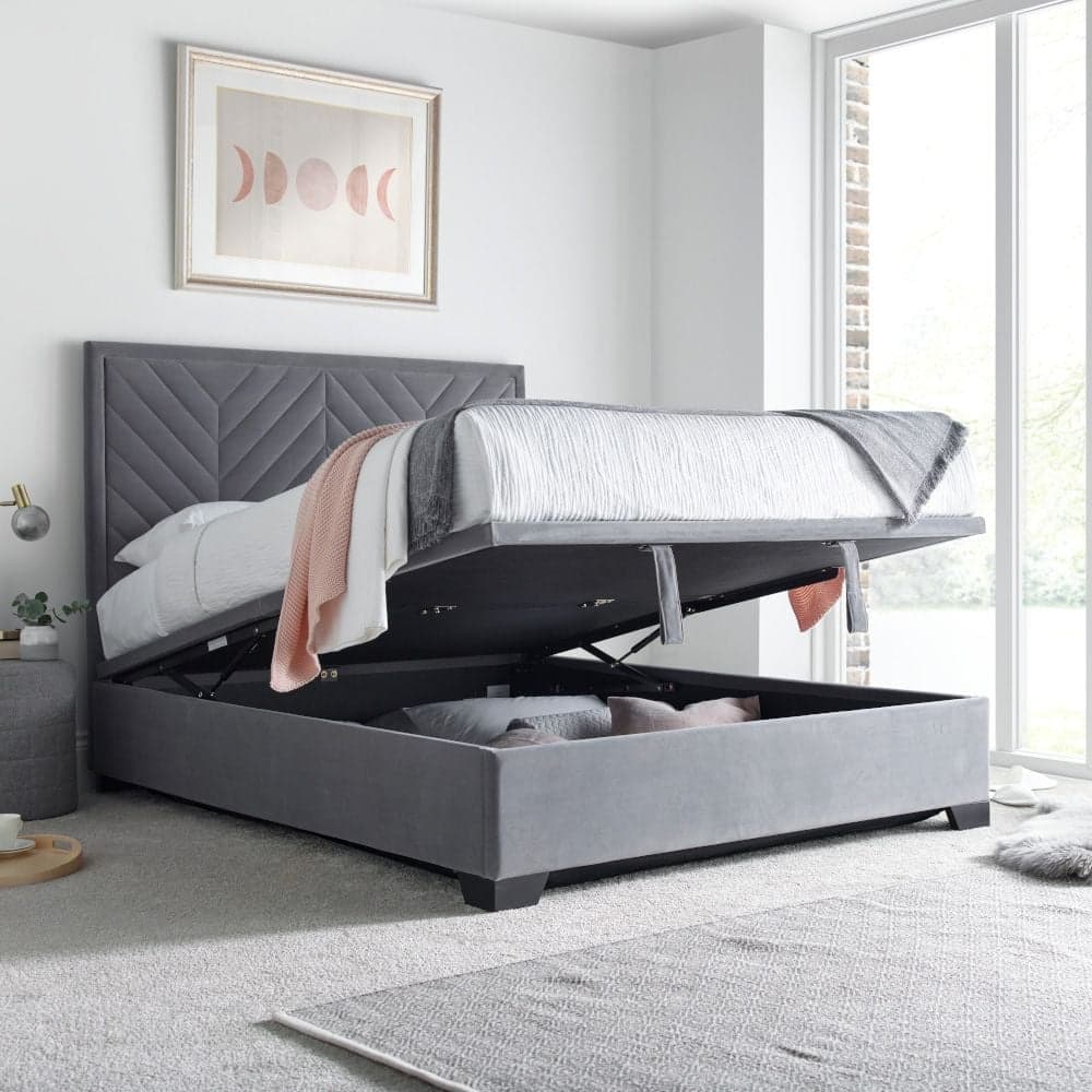Watson Light Grey Velvet Ottoman Storage Bed Happy Beds