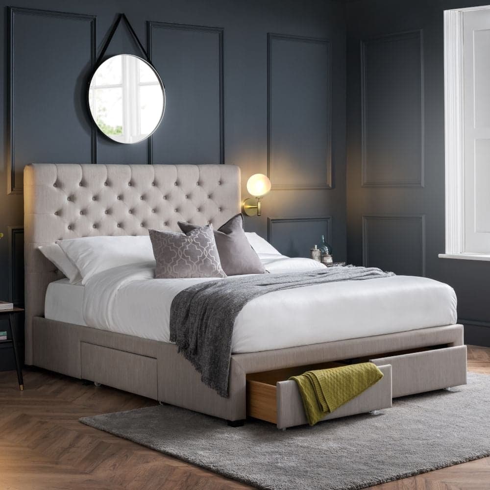 Gray upholstered deals bed with storage