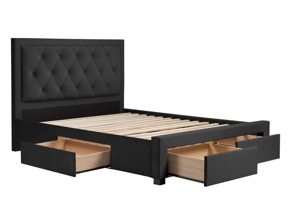 Black queen bed with storage outlet drawers