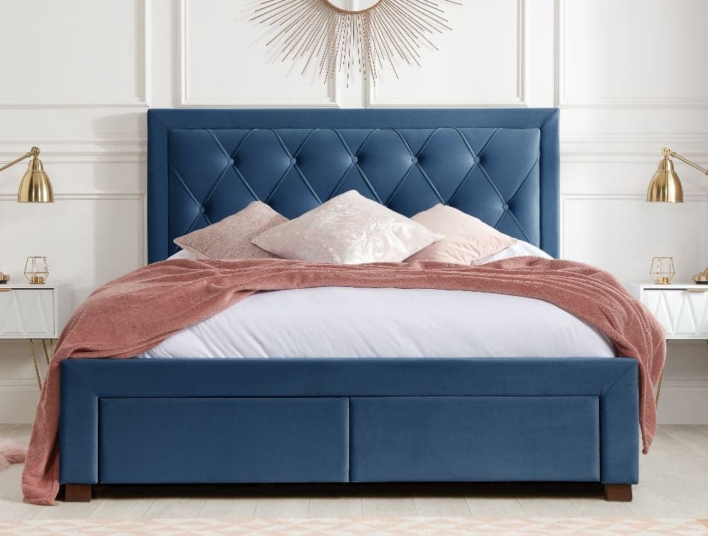 Blue upholstered shop bed with storage