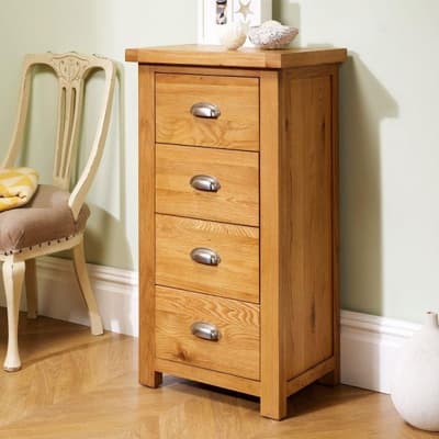 Woburn Oak Wooden 4 Drawer Narrow Chest