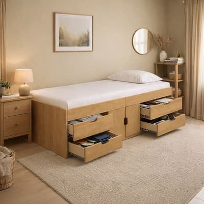 Arctic Oak Wooden 4 Drawer Storage Cabin Bed
