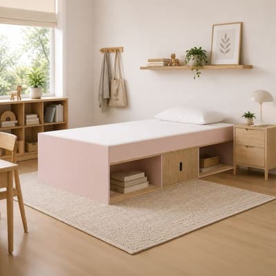 Arctic Pink and Oak Wooden Storage Cabin Bed
