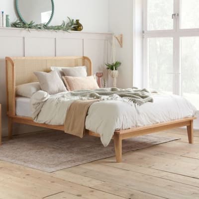 Astrid Oak Rattan Wooden Winged Bed Astrid Oak Rattan Wooden Winged Bed