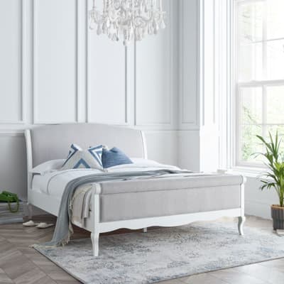 Belle White Fabric and Wooden Scroll Bed