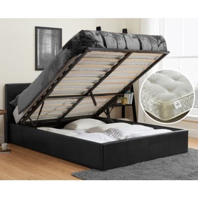 Berlin Black Leather Ottoman Bed with Gold Tufted Mattress Included