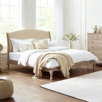 Camille Oatmeal Fabric and Oak Wooden Bed