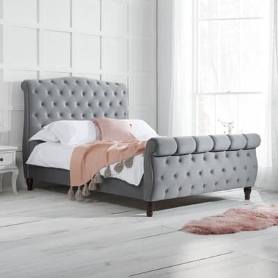 Colorado Grey Velvet Fabric Sleigh Bed