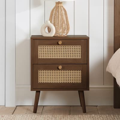 Croxley Walnut Rattan 2 Drawer Bedside Table