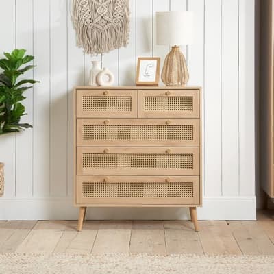 Croxley Oak Rattan 5 Drawer Chest