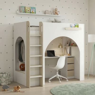 Curve White and Oak Wooden Storage High Sleeper Bed