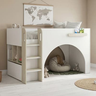 Curve White and Oak Wooden Storage Midsleeper Bed