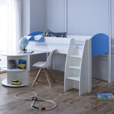 Eli White and Blue Wooden Mid Sleeper with Desk