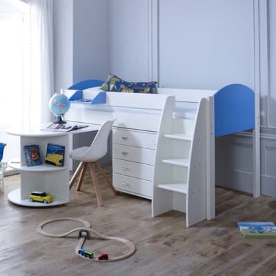 Eli White and Blue Wooden Mid Sleeper with Desk and Chest