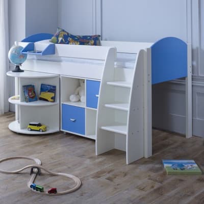 Eli White and Blue Wooden Mid Sleeper with Desk and Shelving Unit