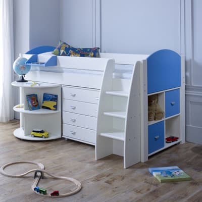 Eli White and Blue Wooden Mid Sleeper with Desk, Chest and Shelving Unit