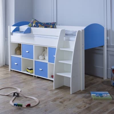 Eli White and Blue Wooden Mid Sleeper with Two Shelving Units