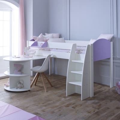Eli White and Lilac Wooden Mid Sleeper with Desk