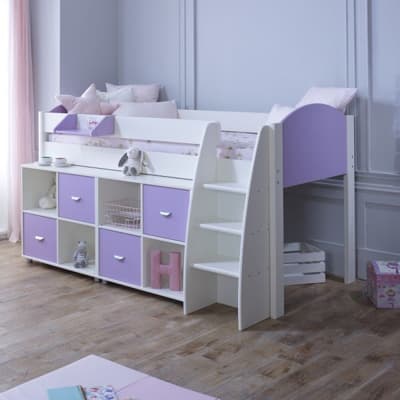 Eli White and Lilac Wooden Mid Sleeper with Two Shelving Units