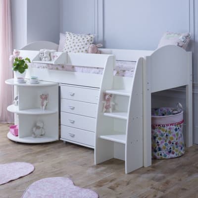 Eli White Wooden Mid Sleeper with Desk and Chest
