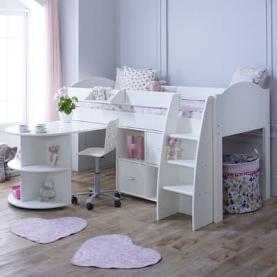 Eli White Wooden Mid Sleeper with Desk and Shelving Unit