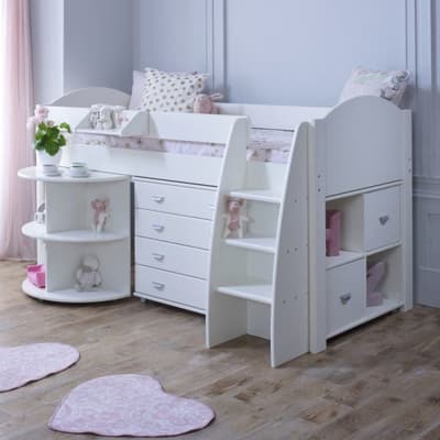 Eli White Wooden Mid Sleeper with Desk, Chest and Shelving Unit