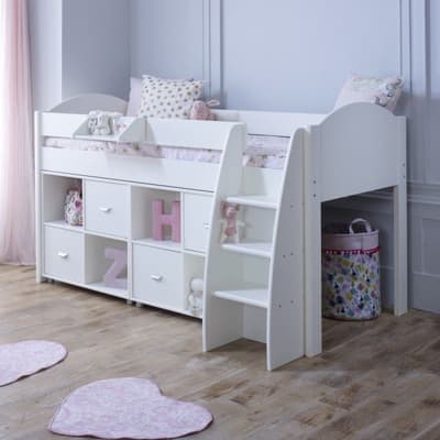 Eli White Wooden Mid Sleeper with Two Shelving Units