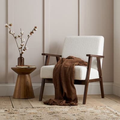 Ellwood White and Walnut Boucle Armchair