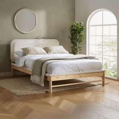 Emmi White Boucle and Oak Wooden Bed