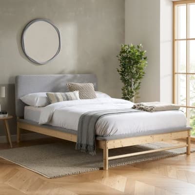 Ezra Grey Fabric and Oak Wooden Bed