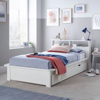 Fraser White Wooden Bookcase Bed with Drawer