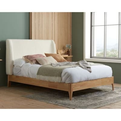 Halfden White Boucle Fabric Winged Wooden Bed Halfden White Boucle Fabric Winged Wooden Bed