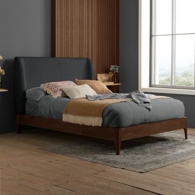 Halfden Grey Boucle Fabric Winged Wooden Bed Halfden Grey Boucle Fabric Winged Wooden Bed