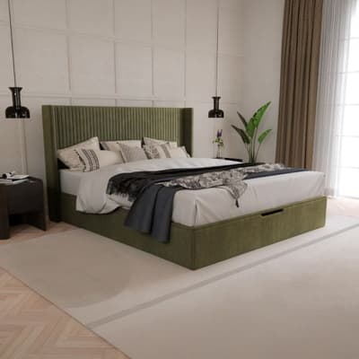 Hartley Olive Green Fabric Winged Ottoman Storage Bed