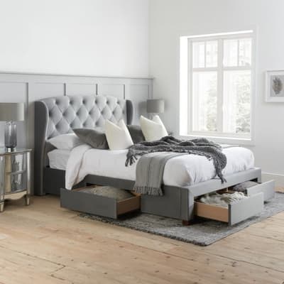 Hope Grey Velvet Fabric 4 Drawer Winged Storage Bed Hope Grey Velvet Fabric 4 Drawer Winged Storage Bed