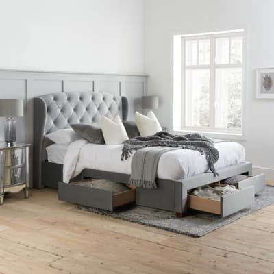 Hope Grey Velvet Fabric 4 Drawer Winged Storage Bed