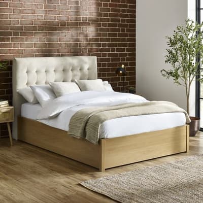Jackson Oak and Natural Velvet and Wooden Ottoman Storage Bed