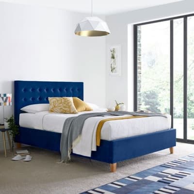 Kingham Blue Velvet Fabric Ottoman Storage Bed