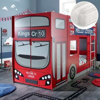 King's Cross London Bus Bunk Bed with 2 Theo Mattresses Included