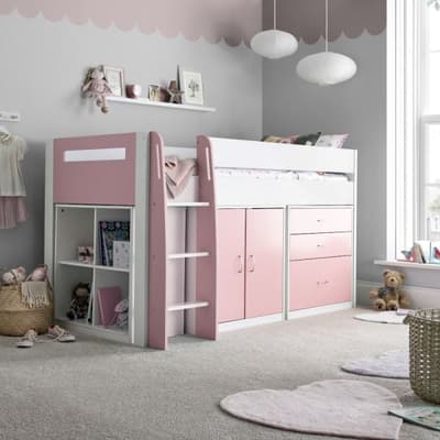 Lacy White and Pink Wooden Storage Midsleeper Bed