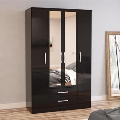 Lynx 4 Door Combination Mirrored Wardrobe Black