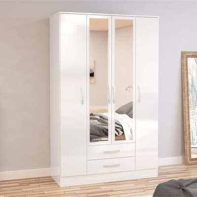 Lynx 4 Door Combination Mirrored Wardrobe White