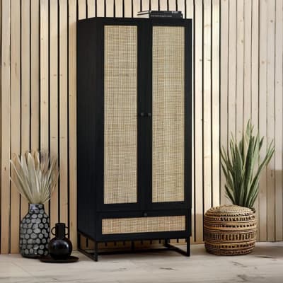 Padstow Black Rattan Wooden Wardrobe
