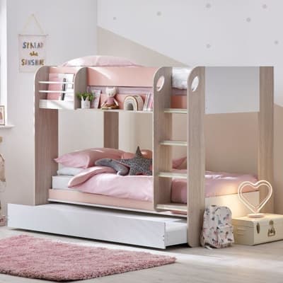 Mars Pastel Pink Wooden Bunk Bed with Underbed Trundle