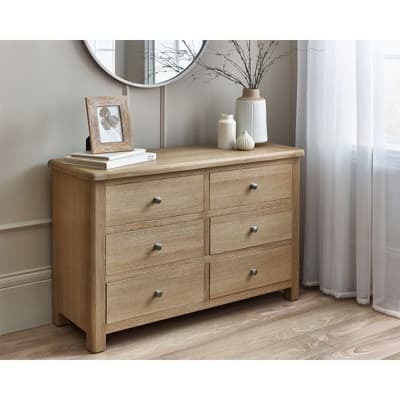Memphis Limed Oak Wide 6 Drawer Chest of Drawers