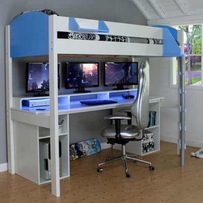 Noah White and Blue Wooden Gaming High Sleeper with Storage