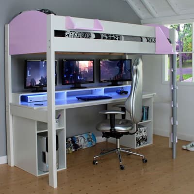 Noah White and Lilac Wooden Gaming High Sleeper with Storage