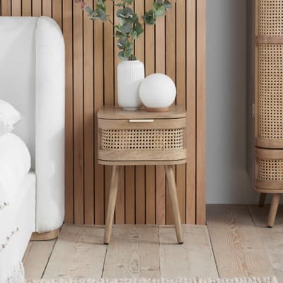 Noah Oak 1 Drawer Rattan Bedside Table