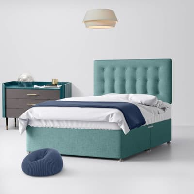 Duck Egg Blue Fabric Divan Bed & Cornell Button Headboard