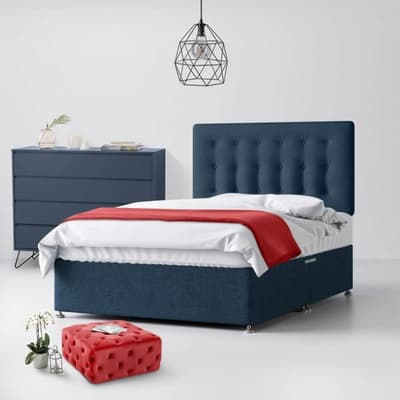 Blue Fabric Divan Bed & Cornell Button Headboard